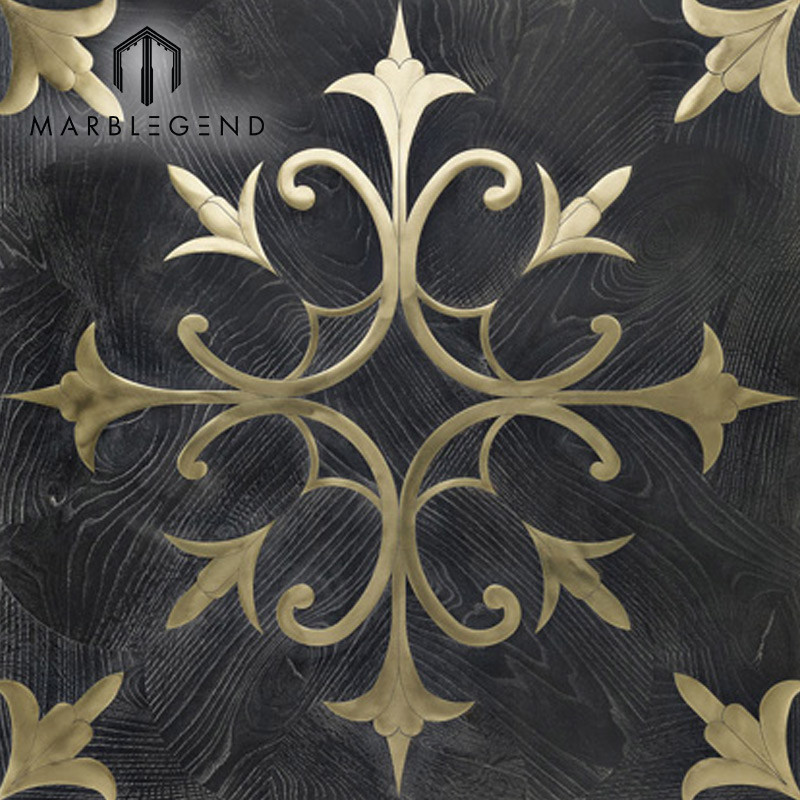New Flower Design Pattern Golden Metal Black Wood Inlay Flooring