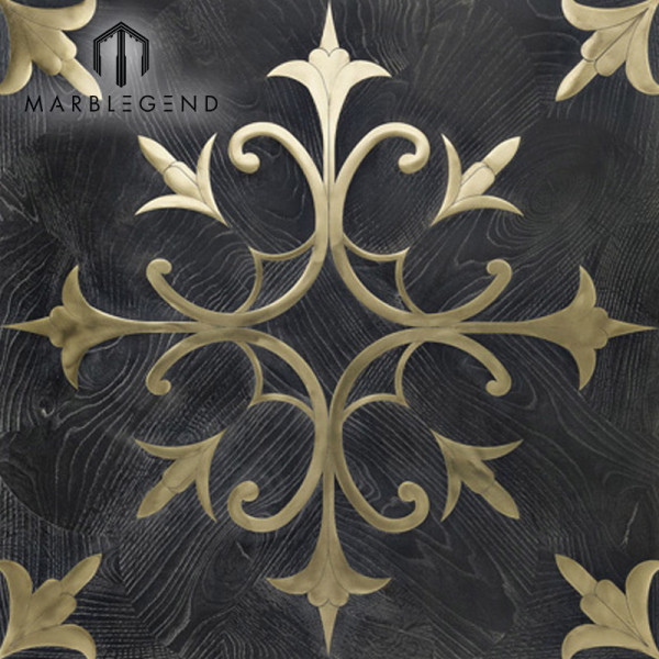 Nuevo diseño floral patrón oro metal negro incrustaciones de madera pisos parquet