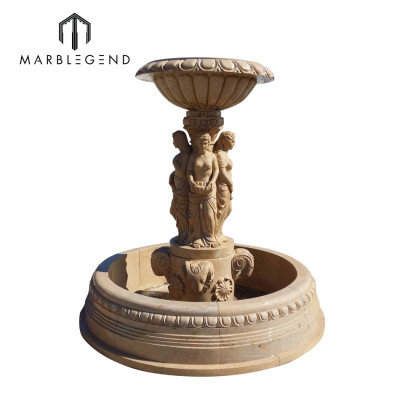 Contemporary outdoor garden beige marble water fountain with figure statue