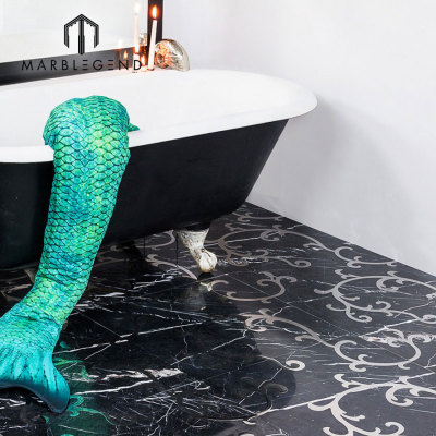 Nero marquina 24X24 marble with stainless steel waterjet mosaic tile