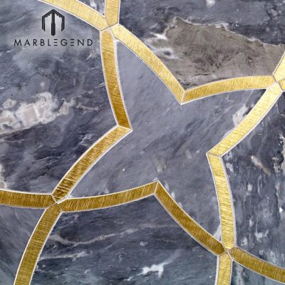 Classic luxury moirai bardiglio marble and brass waterjet mosaic  tile