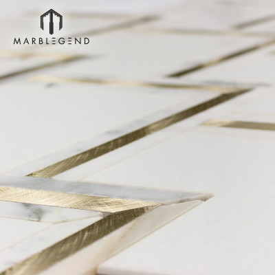 Luxurious vzag white gold marble waterjet mosaic tile for wall