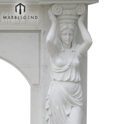 Hand carving woman statue white marble fireplace mantel