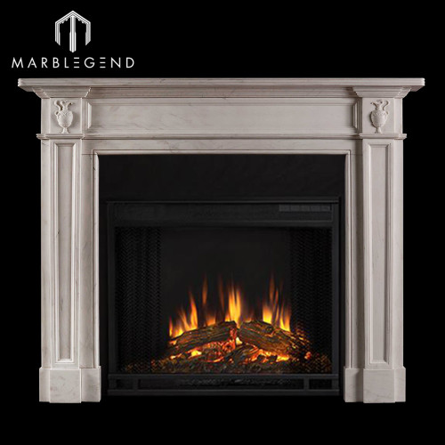 Simple design hand carved white marble stone fireplace surround