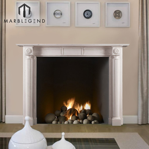 Well polished indoor freestanding white natural stone marble fireplace
