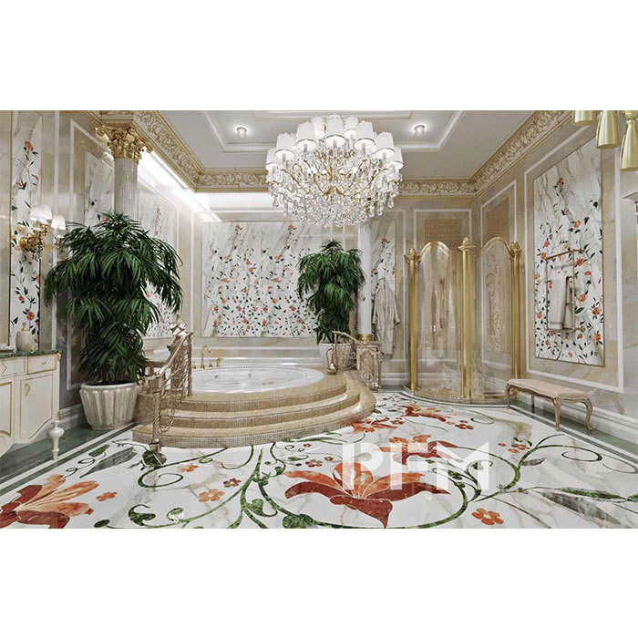The first marble medallion section installation of villa's bathroom in Chechnya, Russia