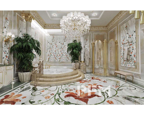 The first marble medallion section installation of villa's bathroom in Chechnya, Russia