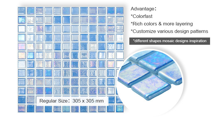 Light blue iridescent blend glass mosaic tile antislip glass mosaic tiles for swimming pool price-2