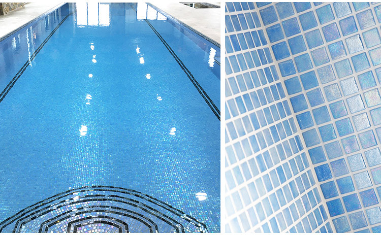 Light blue iridescent blend glass mosaic tile antislip glass mosaic tiles for swimming pool price-4