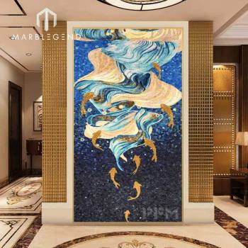 Home decoration wall hanging blue golden ocean glass mosaic tiles mural