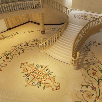 PFM custom water jet beige marble medallion flooring for villa staircase