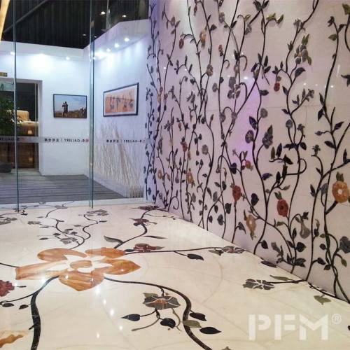 PFM design flower water jet beige marble medallion patern background wall marble inlay flooring
