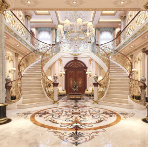 Design water jet marble medallion floor patern for staircase entry