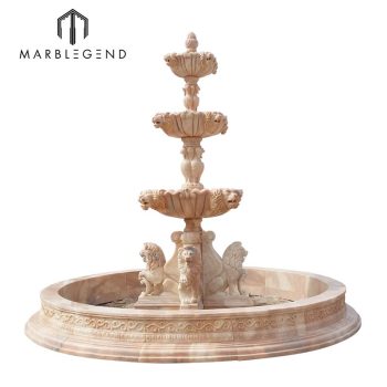 Custom outdoor China sunset red marble 3 tier large lion head garden water fountain sculpture