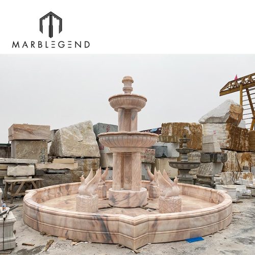 Custom outdoor China sunset red marble 3 tier large lion head garden water fountain sculpture