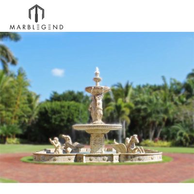 Custom outdoor China sunset red marble 3 tier large lion head garden water fountain sculpture