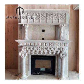 indoor decoratived hand carved classic double travertine marble fireplace mantel