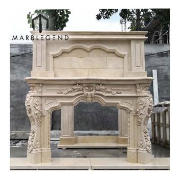 hand carved antique double Crema Marfil marble fireplace surround for indoor decor