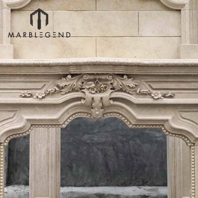 hand carved antique double Crema Marfil marble fireplace surround for indoor decor
