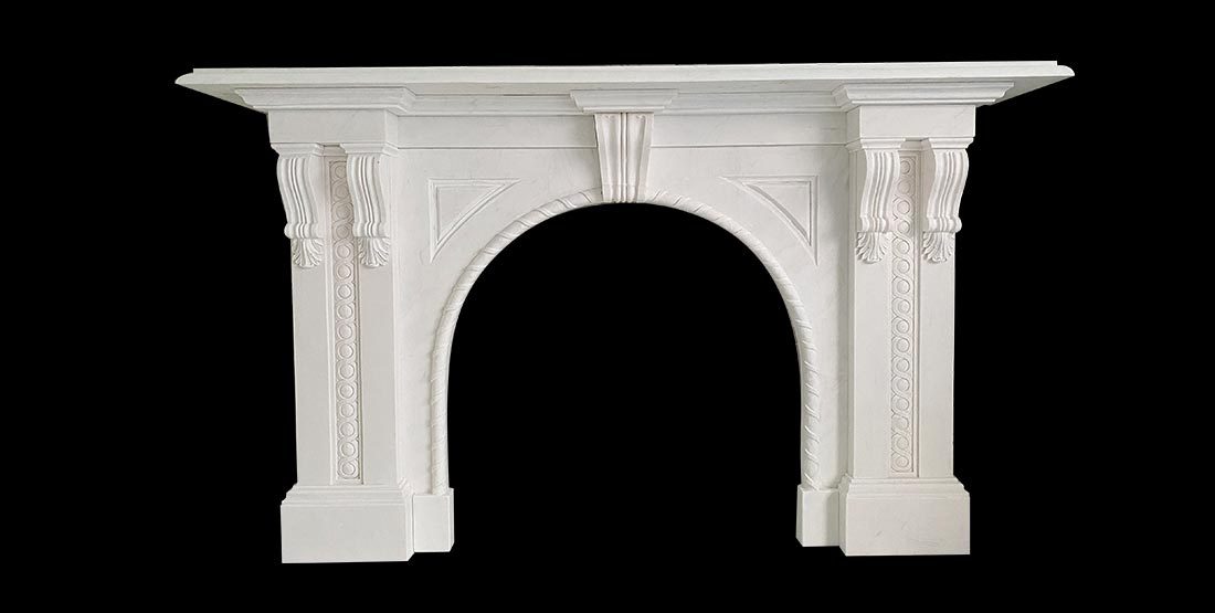 free-standing white marble fireplace mantel