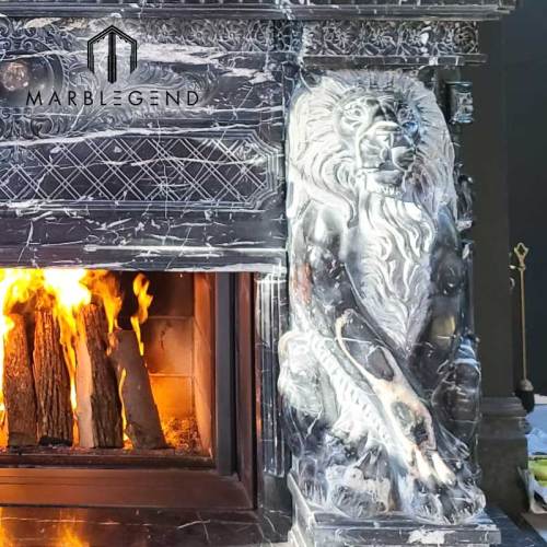 marble fireplace manufacturer custom indoor neoclassical lions statue black marble fireplace mantel