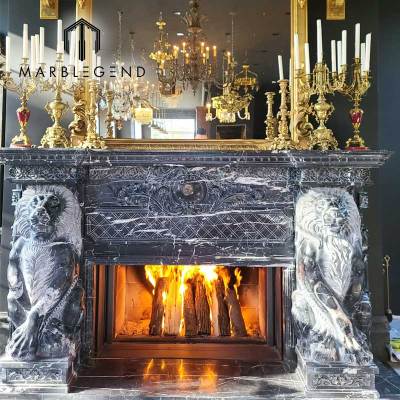 marble fireplace manufacturer custom indoor neoclassical lions statue black marble fireplace mantel