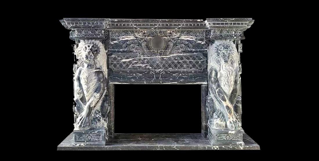 neoclassical lions statue black marble fireplace mantel