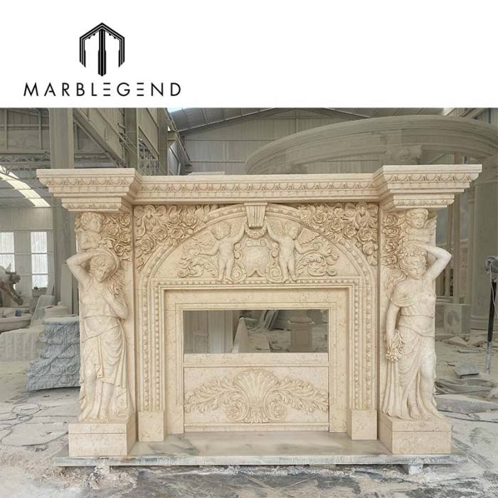 Hand carved classic louis statue beige marble fireplace mantel for villa decor