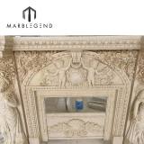 Hand carved classic louis statue beige marble fireplace mantel for villa decor
