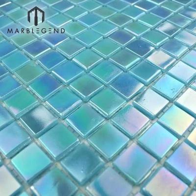 blue iridescent pool mosaic tile custom glass mosaic bathroom kitchen backsplash spa tile price