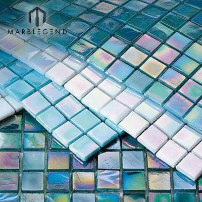 blue iridescent pool mosaic tile custom glass mosaic bathroom kitchen backsplash spa tile price