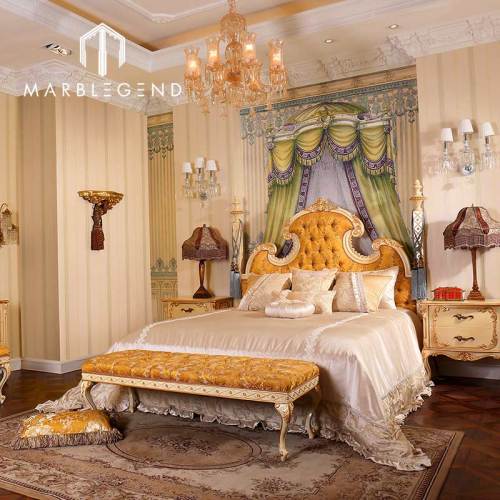 Manufacture price villa decor royal furniture king bedroom sets yellow style solid wooden livingroom furniture set