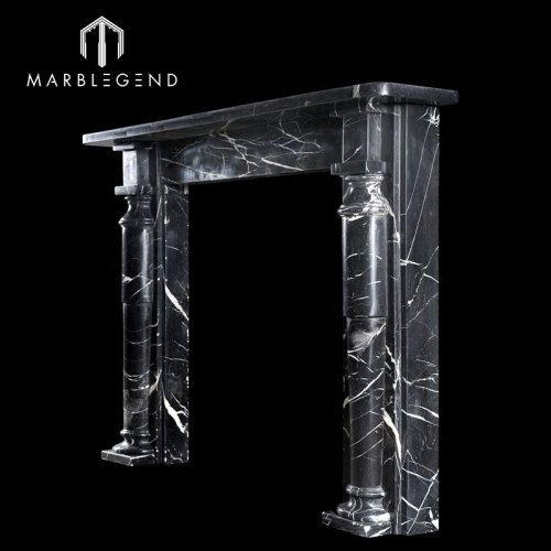 Custom modern Nero Margiua marble fireplace mantel black marble tile around fireplace