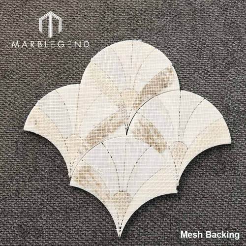 Art Deco Fan Shape Milano White Marble Mosaic Tile with Brass Inlay Waterjet Wall Tile for Villa Interior