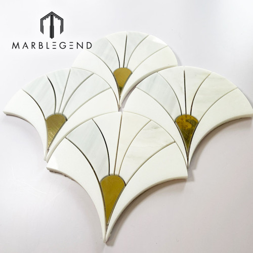 Art Deco Fan Shape Milano White Marble Mosaic Tile with Brass Inlay Waterjet Wall Tile for Villa Interior