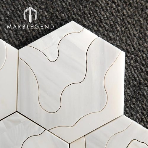 Milano White Marble Hexagon Waterjet Mosaic Tile with Topographic Contour Pattern for Villa and hotel Project