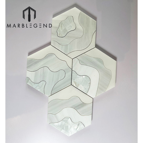 Milano White Marble Hexagon Waterjet Mosaic Tile with Topographic Contour Pattern for Villa and hotel Project