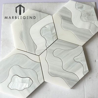 Milano White Marble Hexagon Waterjet Mosaic Tile with Topographic Contour Pattern for Villa and hotel Project