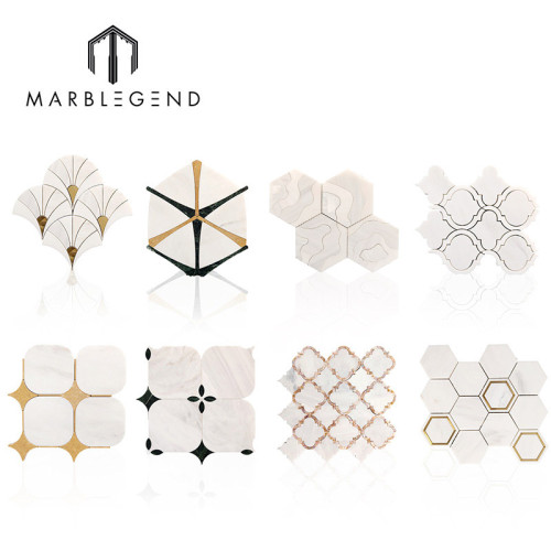 Wholesale Kitchen and Bathroom Polished Milano White with Golden Yellow Marble Waterjet Mosaic Tiles for Luxury villa and Hotel