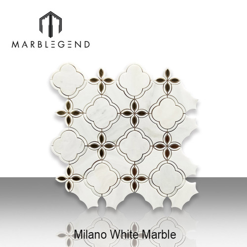 Custom Interior Decoration Wall  Flower Pattern Mosaic Supplier Milano White and Gold Metal Waterjet Mosaic