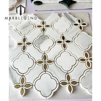 Custom Interior Decoration Wall  Flower Pattern Mosaic Supplier Milano White and Gold Metal Waterjet Mosaic