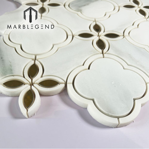 Custom Interior Decoration Wall  Flower Pattern Mosaic Supplier Milano White and Gold Metal Waterjet Mosaic