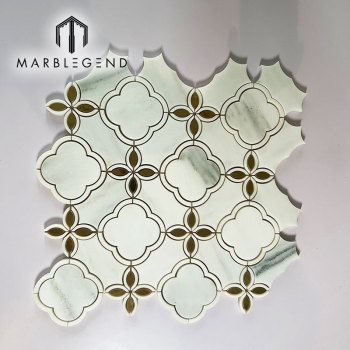 Custom Interior Decoration Wall  Flower Pattern Mosaic Supplier Milano White and Gold Metal Waterjet Mosaic