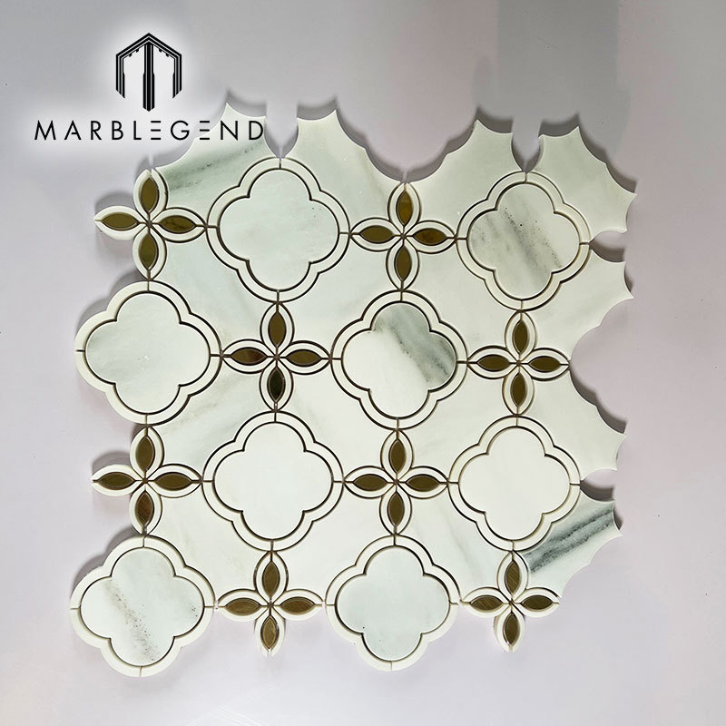 Custom Interior Decoration Wall  Flower Pattern Mosaic Supplier Milano White and Gold Metal Waterjet Mosaic