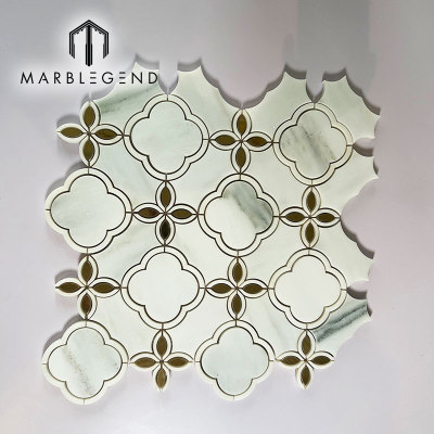 Custom Interior Decoration Wall  Flower Pattern Mosaic Supplier Milano White and Gold Metal Waterjet Mosaic