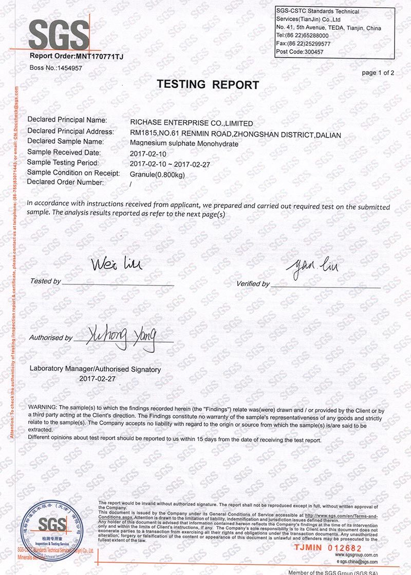 Magnesium Sulphate Monohydrate Sertifikat SGS