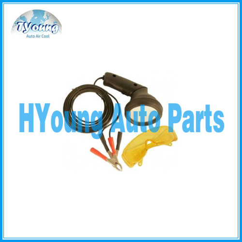 Vehicle a/c service tools, hook up to the car battery with glasses