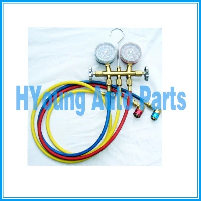 R134 Brass gauge set EPA safe, heavy duty vibration free gauges 3 charging hoses; yellow is 60”, blue & red are 36” Low and High Side R134a couplers