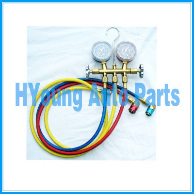 R134 Brass gauge set EPA safe, heavy duty vibration free gauges 3 charging hoses; yellow is 60”, blue & red are 36” Low and High Side R134a couplers