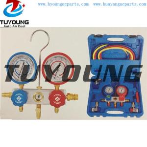Auto ac service tool box with manifold gauge set with recycling aluminum valve & Stainless steel oil gauge